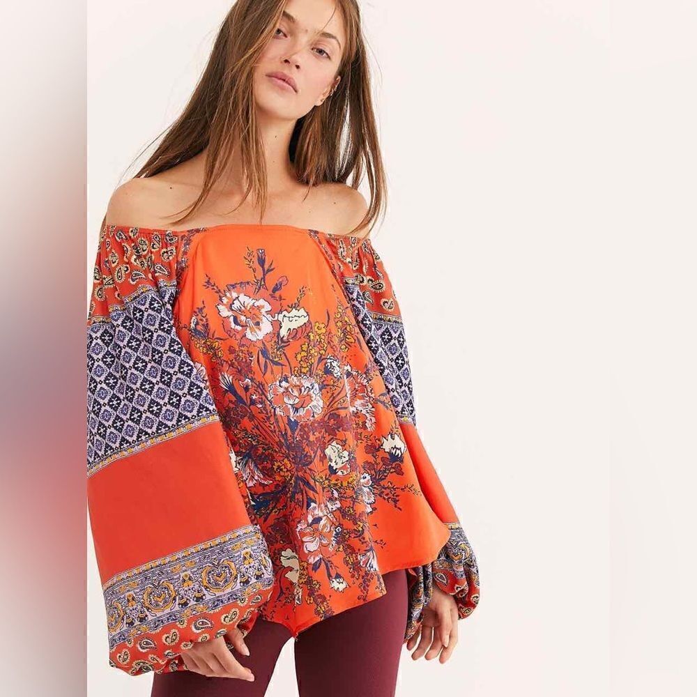 Free People “Positano Printed Blouse” (Red) Small Oversized